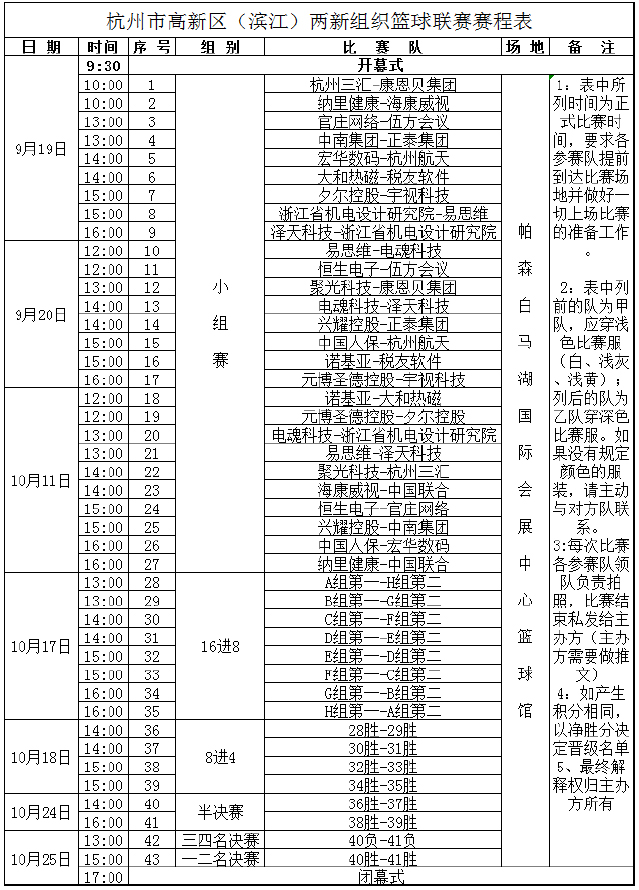 杭州市高新區(濱江)兩新組織籃球聯賽賽程表